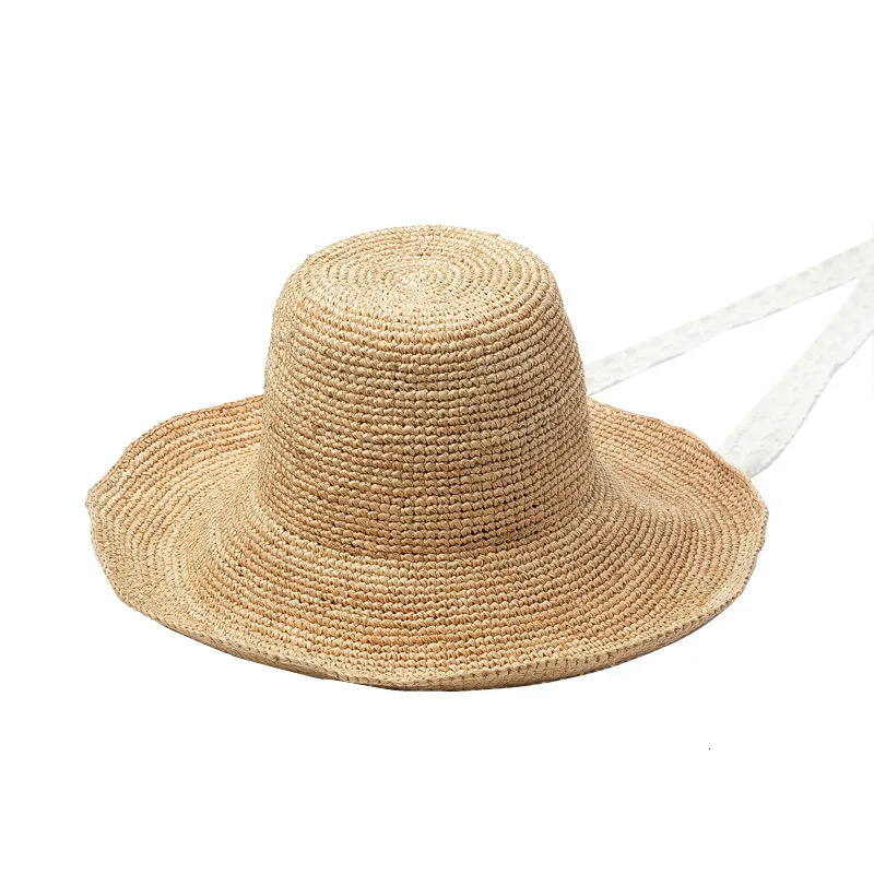 Summer Handmade Natural Lafia White Lace Long Ribbon Waist Beach Womens Bucket Hat Womens Holiday Beach Hat 250314