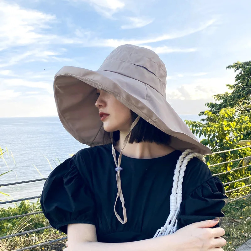 Large Brim 18cm Sun Hat with String Women UV Protection Female Outdoor Fisherman Cap Fold Summer Beach Solid Bucekt Hat 250314