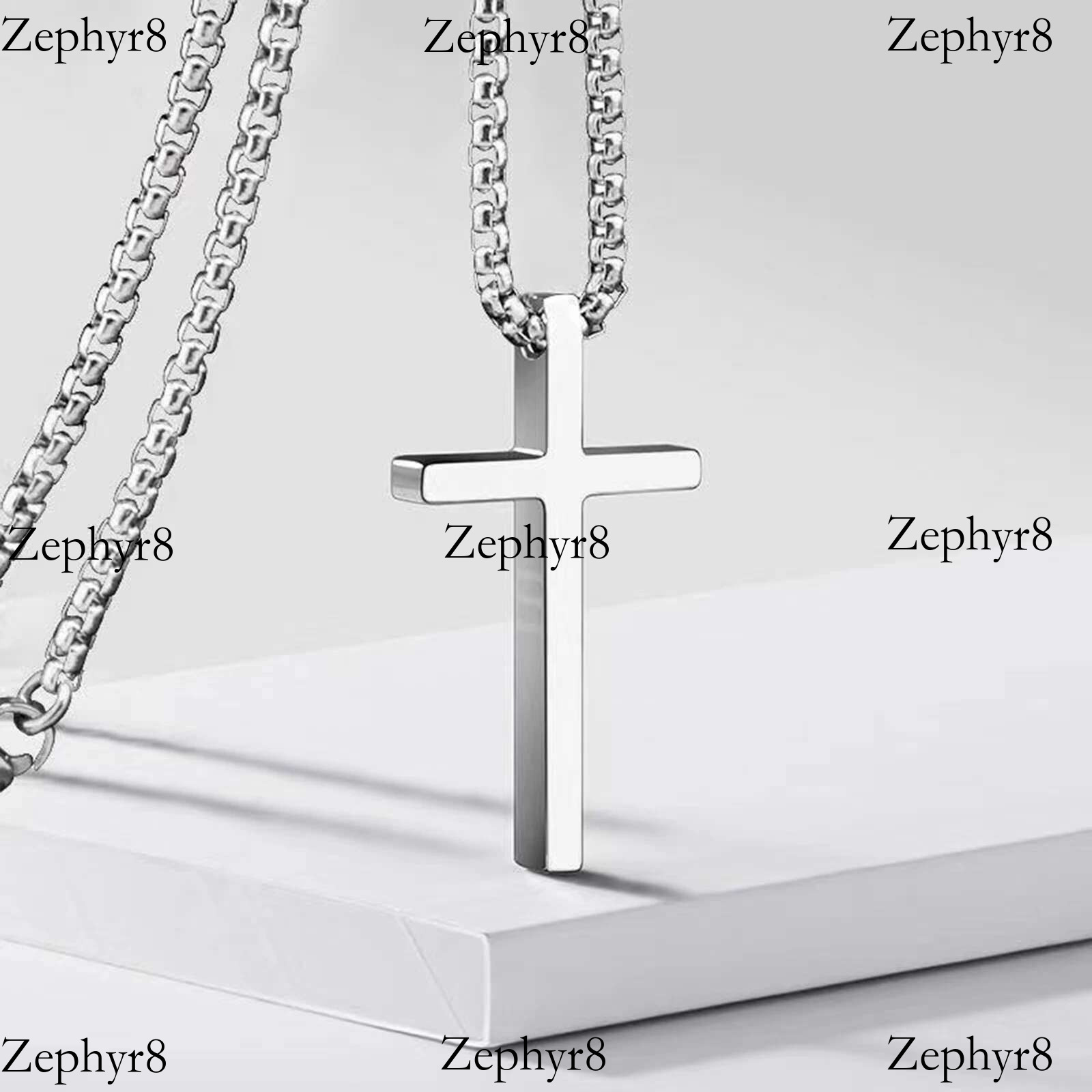 Vnox Necklace for Men Women, Sier Color Plain Cross Pendant Collar with Stainless Steel Box Chain