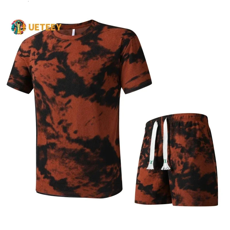 Summer Mens Sports 2 pieces Sets Corduroy Quick Dry Suit Casual Running Tracksuit Gym Fitness Set T Shirts Shorts Men Sportswear 250310