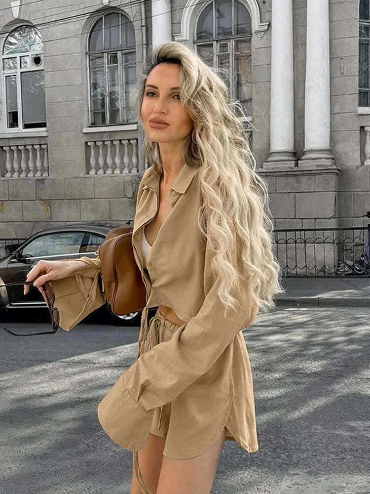 Women Two Pieces Sets Elegant Lapel Single Breasted Full Sleeve Lace Up Waist Shorts Female Suit 2025 Summer Lady Streetwears