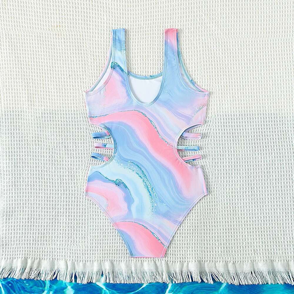 Children's printed one-piece swimsuit, new design, youth, blue swimsuit, swimsuit for ages 5 to 15