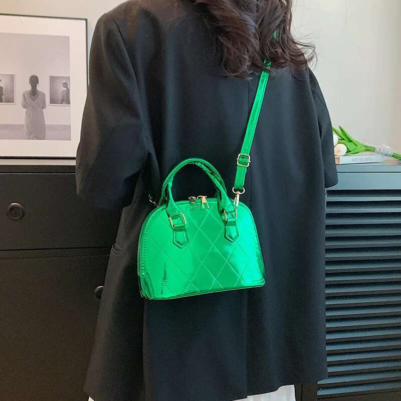 2025 New Checkered Quilted Lacquer Leather Women's Handbag Designer Fashion Korean Crossbody Bag Small Shell Handbag