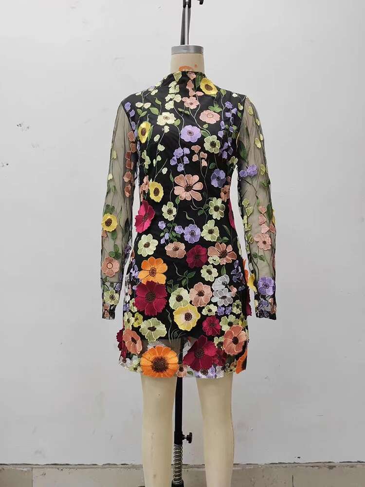 Embroidery Hip-Covering Slimming Gauze Lace Three-Dimensional Wer Slim Dresses Female O-Neck Long Sleeved Mini Dress