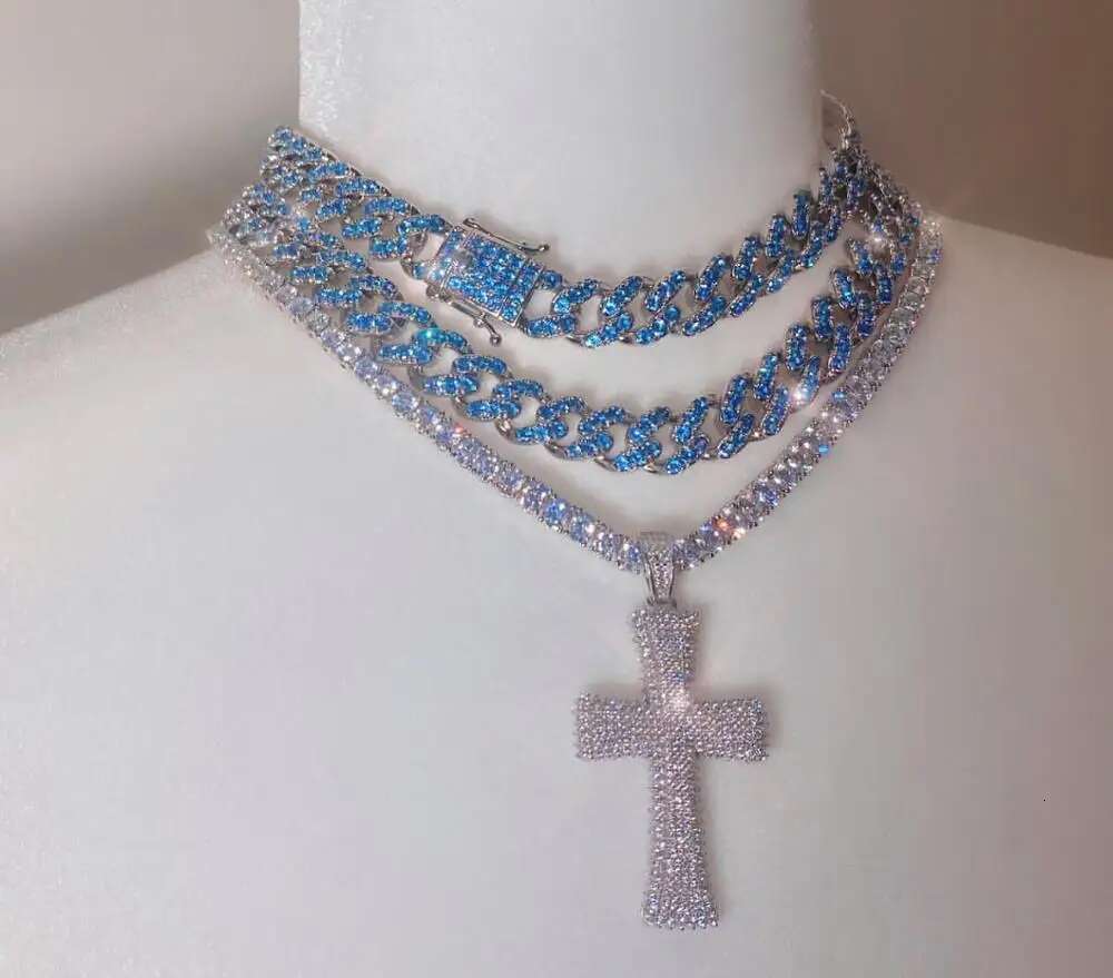 12mm Miami cuban k chain choker micro pave purple blue cz hip hop women necklace 16" 18"