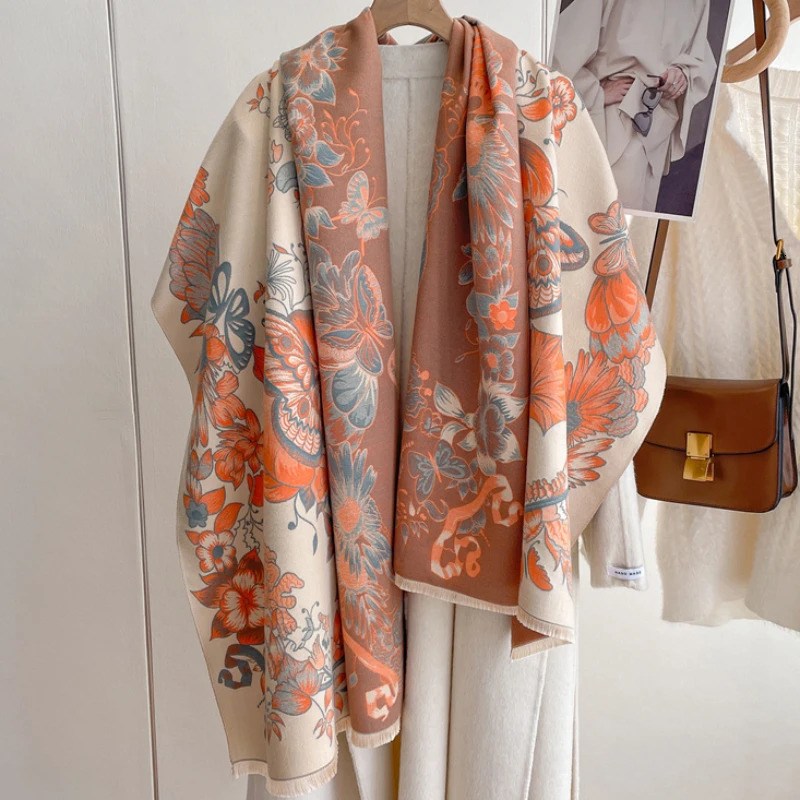 Fashion Warm Poncho Cashmere Winter Women Scarf Floral Print Shawl Wraps Female Thick Pashmina Blanket Travel Scarf 250314