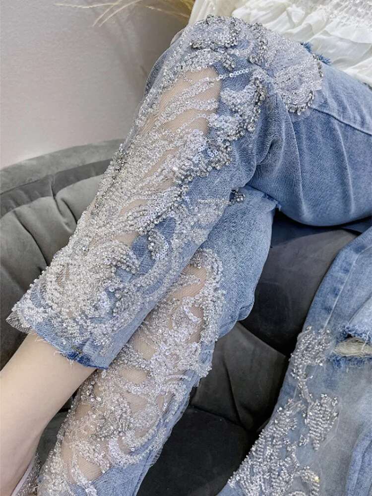 Summer For Woman And S Straight Leg Rhies Transparent Women's Jeans Lace Grunge Y2k Spring Pants