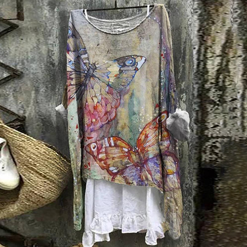 New Casual Long Sleeved Loose 3D Digital Printed Women's Round Neck Pullover T-Shirt Single Piece