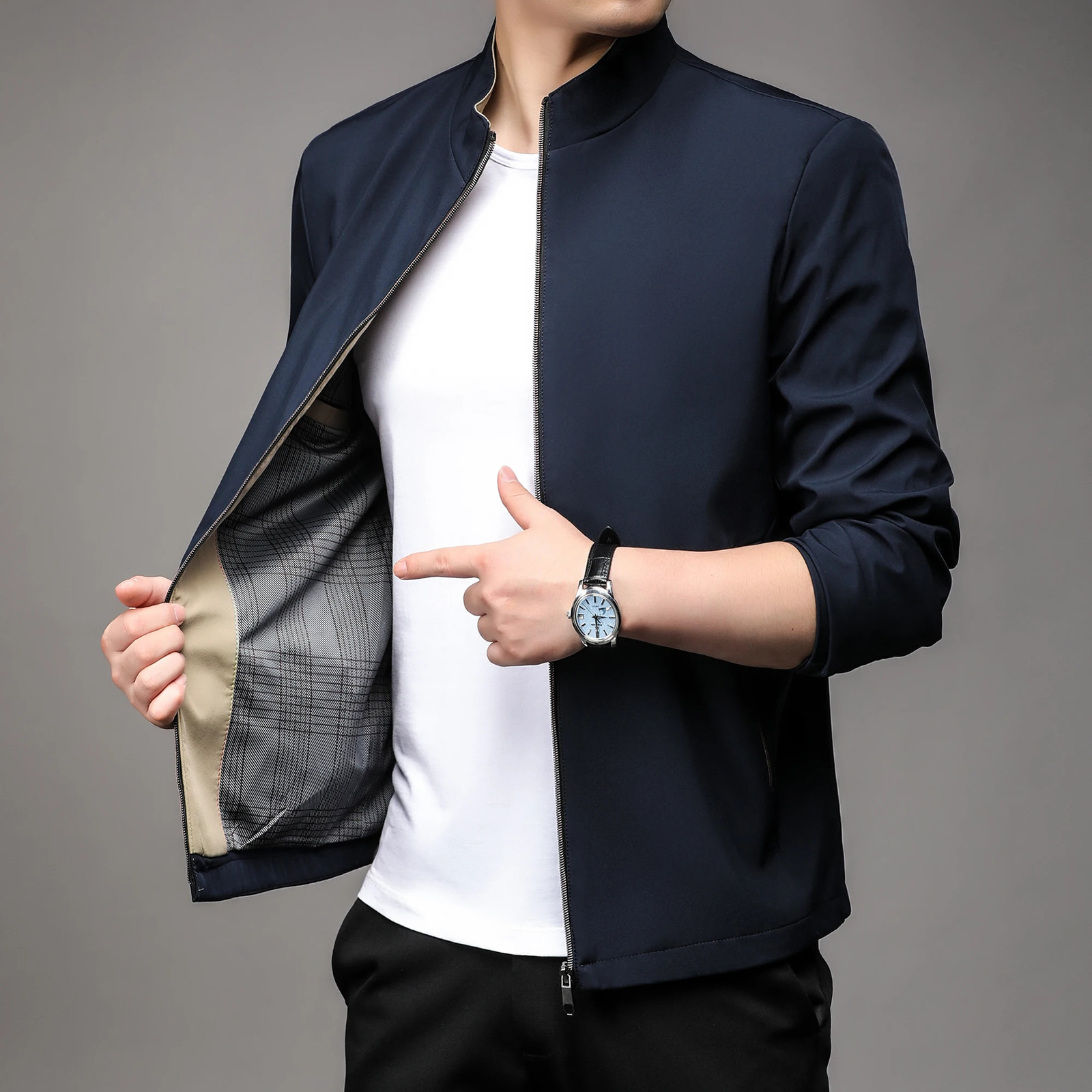 High quality handsome guy springsummer mens business casual jacket solid color fashion no trace stand collar M4XL 250313