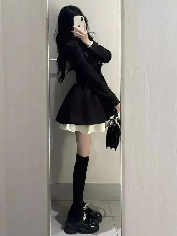 2023 New High-End Feel Petite Puff Skirt Long Sleeves Blacktweed Style Autumn Season Women Fashion Dress