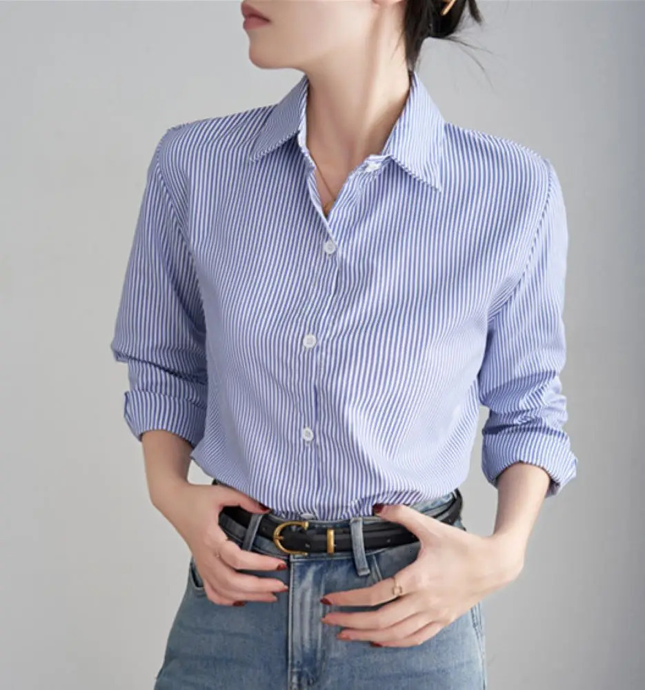 Blue Striped Shirt For Women Loose Spring Autumn Casual Long Sleeves Shirt Fashion Clothes For Ladies Office Lady Wear 250310