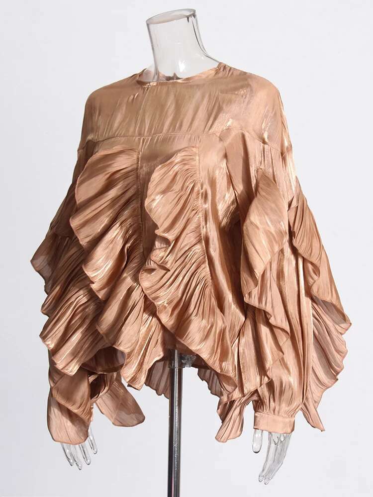 TWOTWINSTYLE Solid Spliced Ruffles Loose Blouses For Women Round Neck Long Sleeve Irregular Pullover Chic Casual Shirt Female