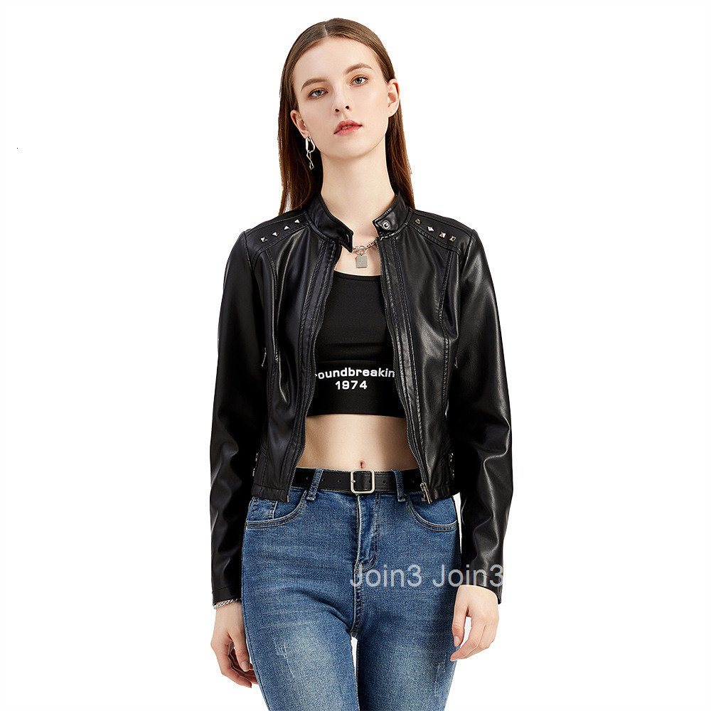 Fashion Womens New Rivet Leather Jacket Womens Spring and Autumn Jacket Long-sleeved Womens Jacket Stand Collar Fashion Jacket S-4xl
