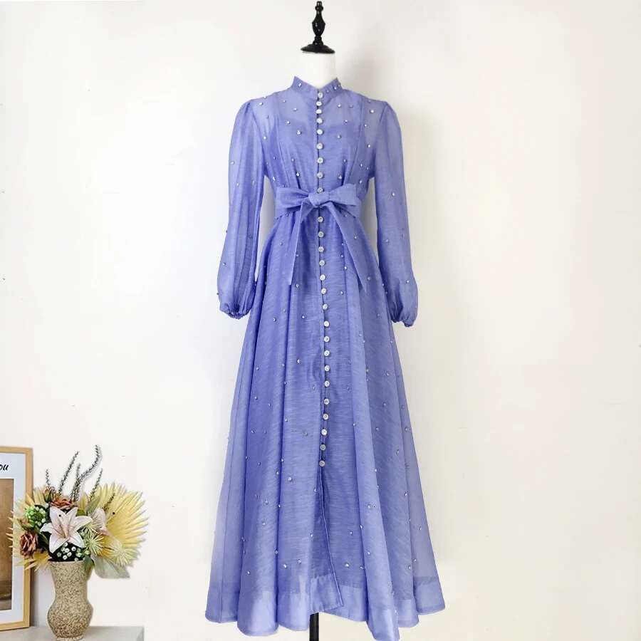 Elegant Beading Dia Mesh Prom Dress For Women Stand Collar Long Lantern Sleeve Single Breasted Belt Autumn Female Clothes