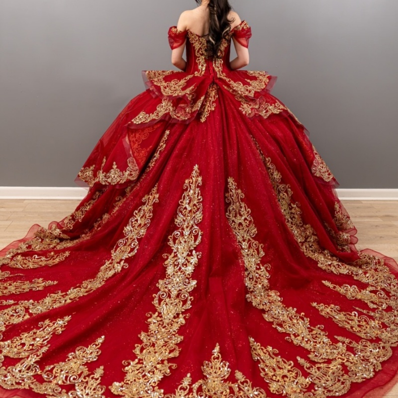 Red Shiny Off Shoulder Quinceanera Dresses Gold Applique Lace Beads Tull Corset Party Birthday Sweet 16 Dress Vestidos 15 de anos