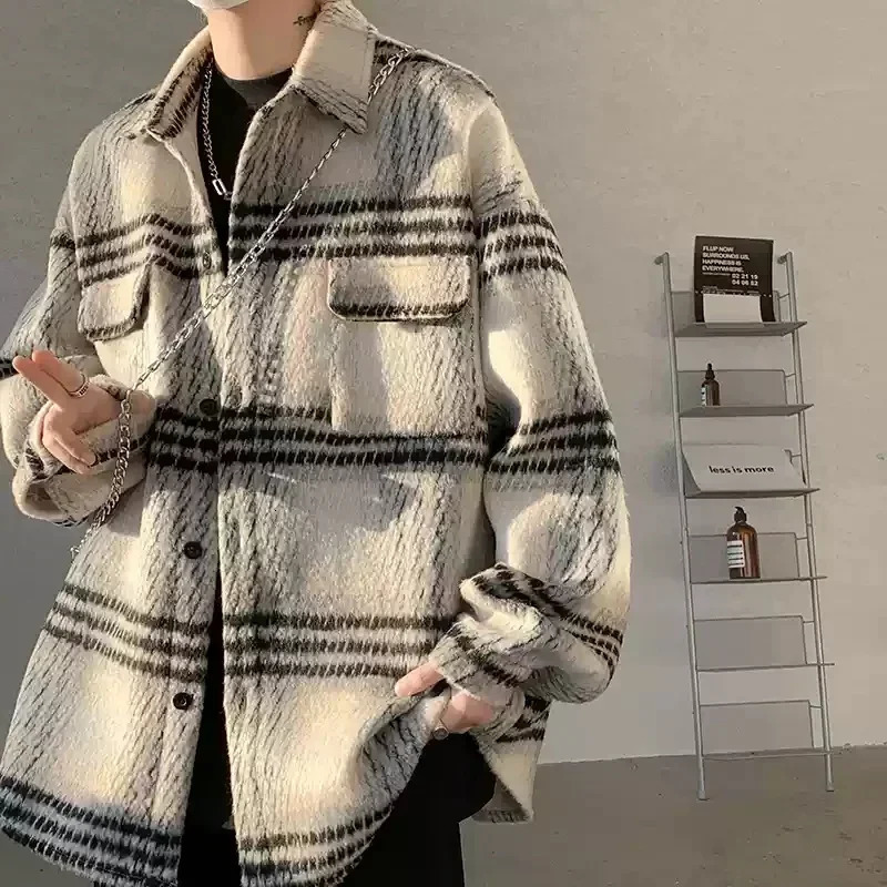 Spring Mens Singlebreasted Plaid Woolen Jackets Korean Fashion Y2K Vintage Coats Pockets Streetwear Shirts Jacket 250312