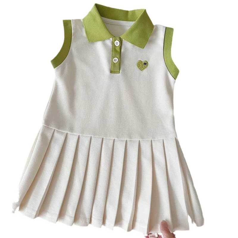 Girl's Dresses Girls' summer dress medium long dress 2024 new style for small and medium-sized children, western-style lapel vest skirt, col