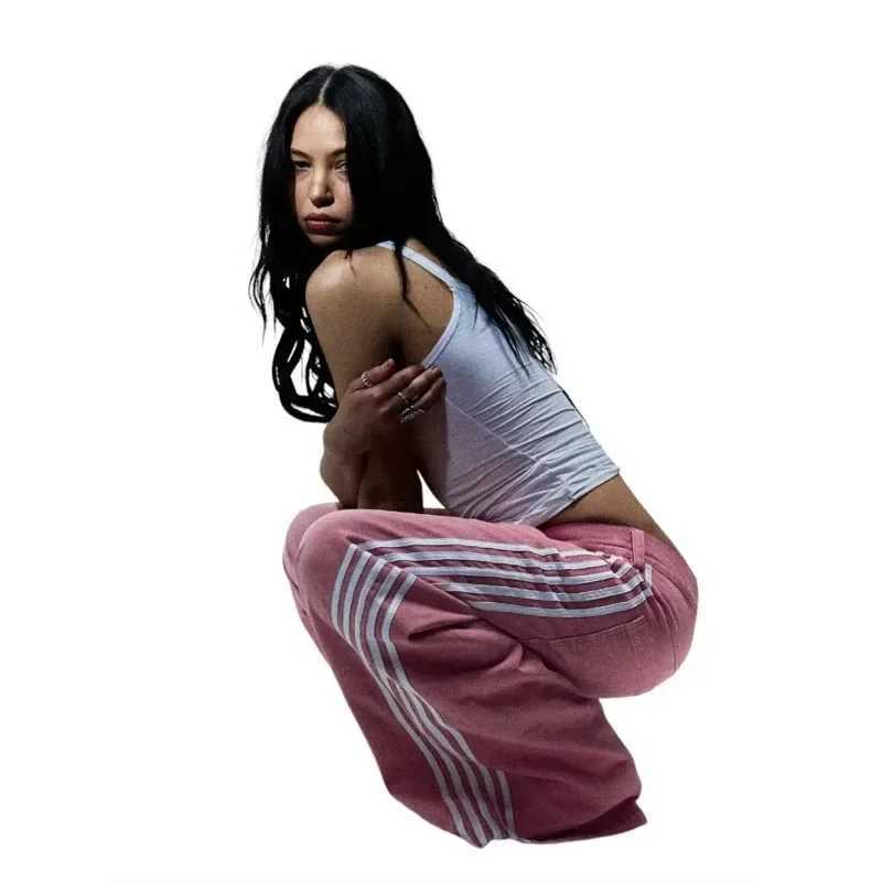 Y2K mens loose jeans womens simple striped embroidered Harajuku sports pants hip-hop streetwear casual retro wide leg jeansT250319