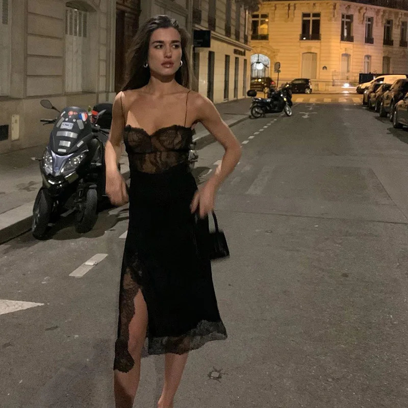 Autumn And Winter Sexy Black Lace Dress Date Night Outfits for Women Spaghetti Strap Backless Split Midi Dress French Style 250314