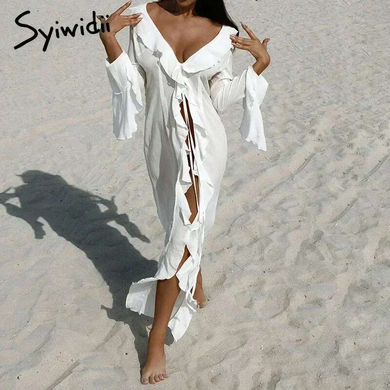 Syiwidii Irregular Ruffles Women's Chic V Neck Long Sleeve Lace Beach Dress Summer 2024 Fashion Lady Vacation Cover Up
