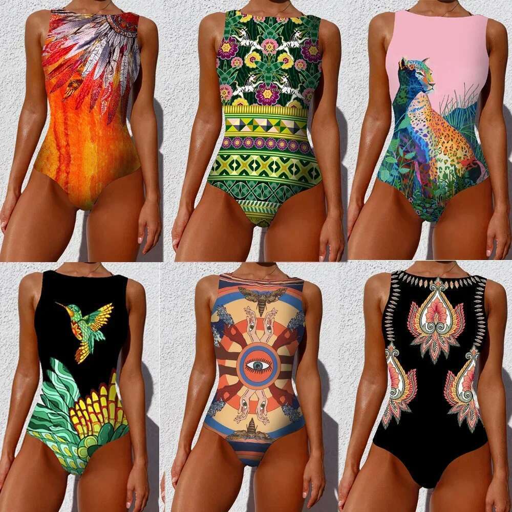 Classic printed lace up printed one-piece swimsuit for women, push up flower one-piece set for beach wear, women's swimsuit