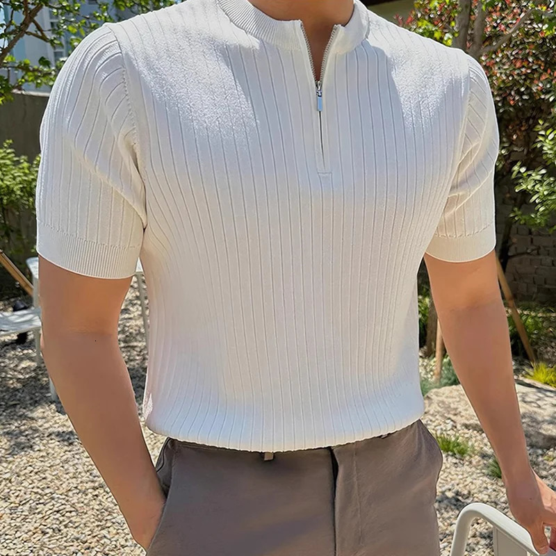 Trendy Mens Slim Short Sleeve Knit Tops Spring Summer Fashion Crew Neck Zipper Knitted Tshirts Men Vintage Solid Color Pullover 250312