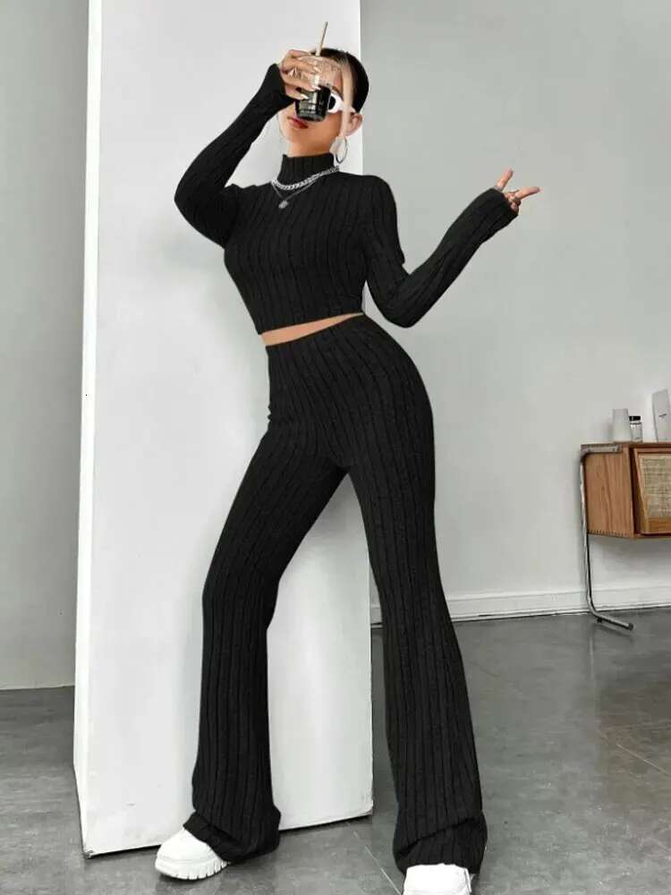 Stand Collar Navel T-Shirt And Trumpet Pants