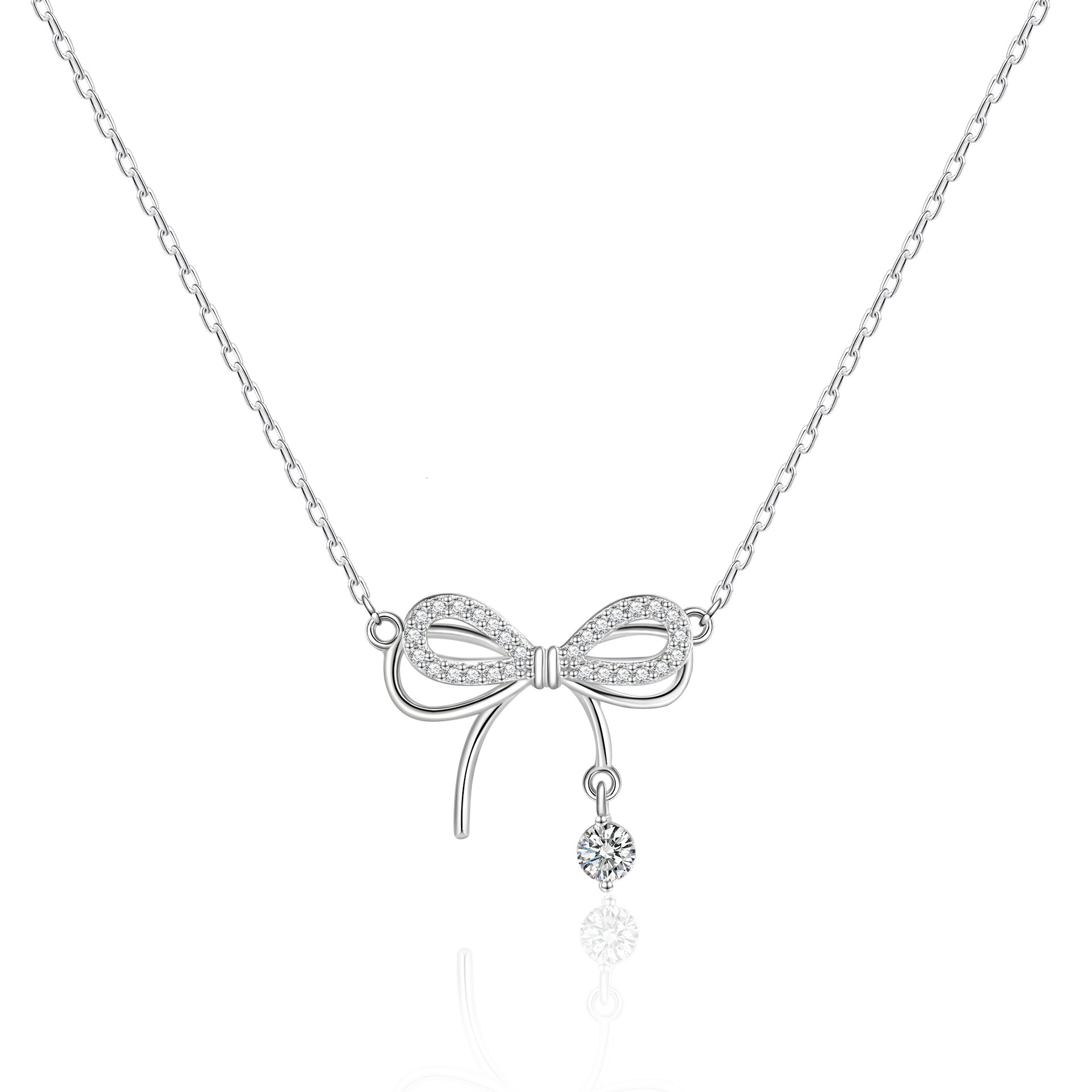 S925 Silver Necklace Female Korean Version Sterling Silver Plated Double Bow Sweet Fashion Diamond-encrusted Necklace Temperament Clavicle Chain