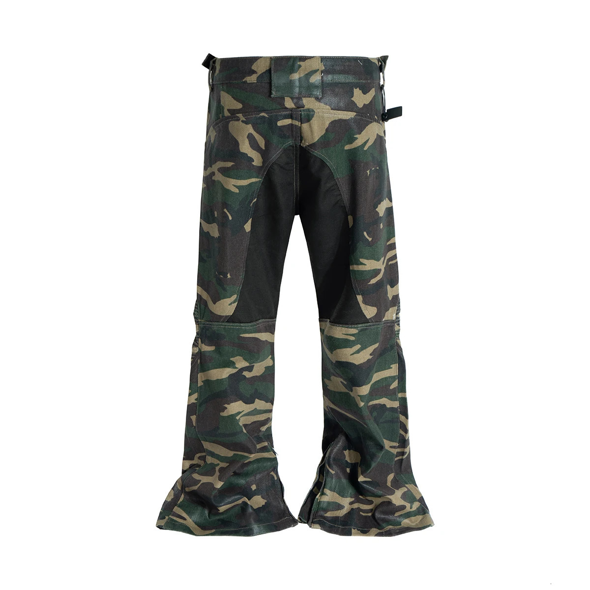 Camouflage coated micro flame motorcycle pants mens patch work bag jeans ankle zipper boots cutting oversized denim cargo 250313