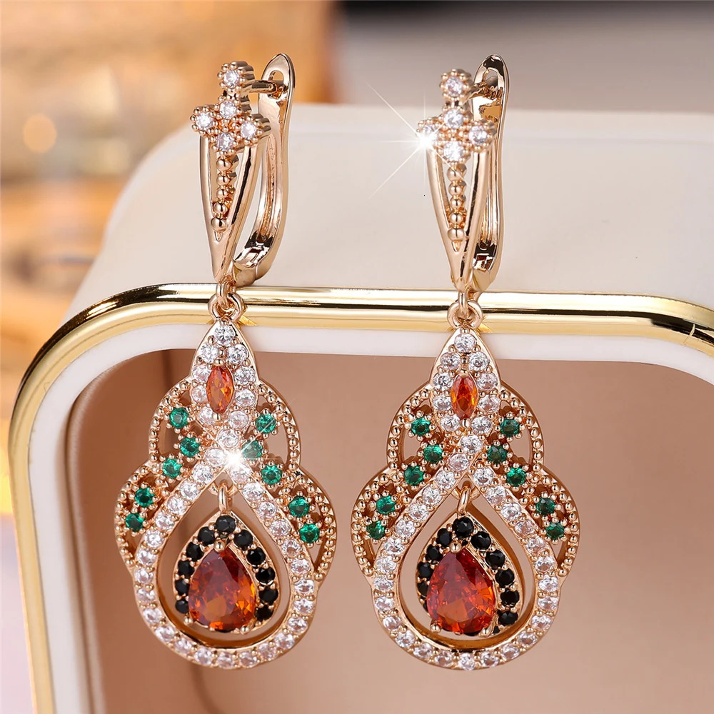 Trendy Crystal Red Zircon Drop Water Hoop Earrings For Women Vintage Gold Color Wedding Jewelry 250314