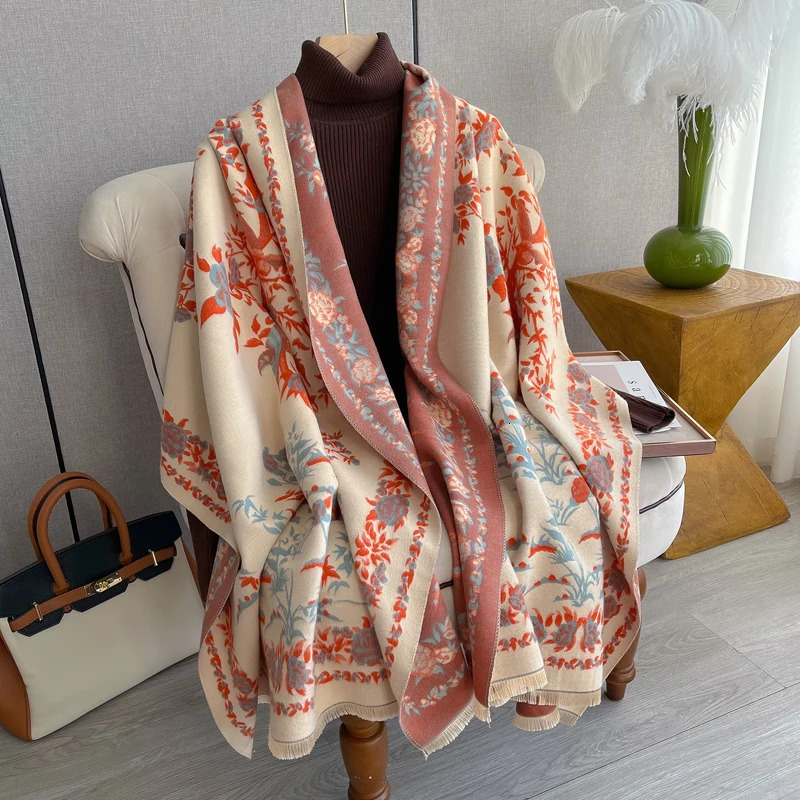 Fashion Warm Poncho Cashmere Winter Women Scarf Floral Print Shawl Wraps Female Thick Pashmina Blanket Travel Scarf 250314