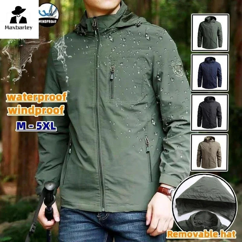 Spring mens waterproof jacket plus size windproof vest breathable fishing camping Gorpcore hooded clothing 250312