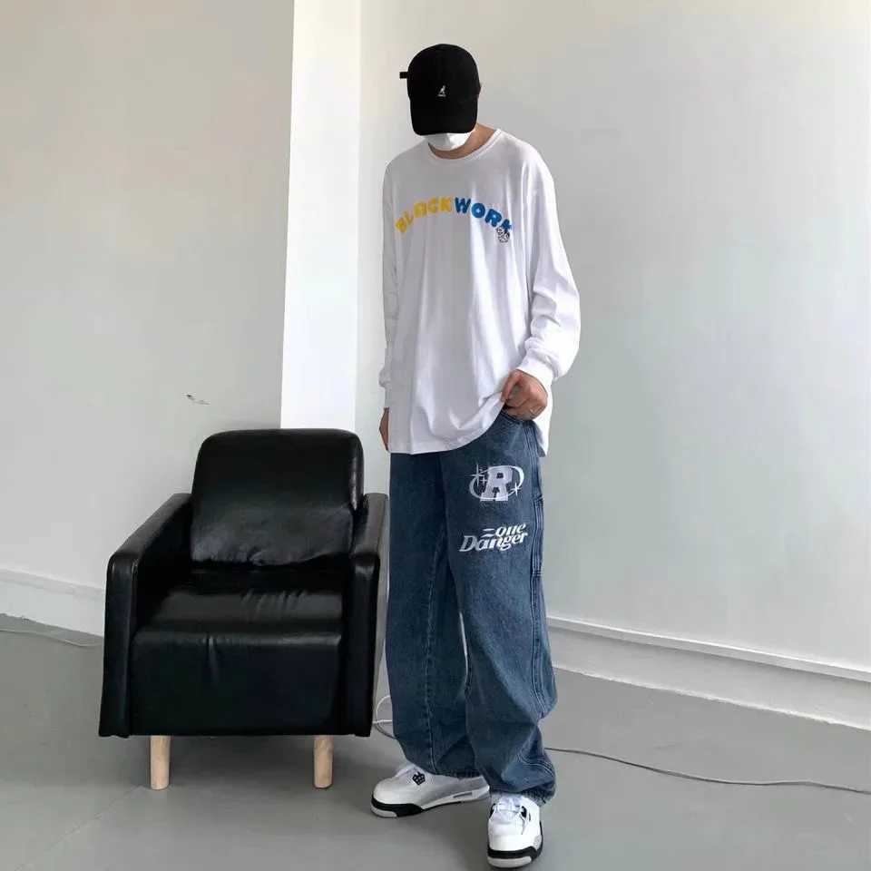 Harajuku Hip Hop Alphabet Hot Print Straight Pants Y2K Summer New Street Rock Mens Loose Wide Leg Retro JeansT250319