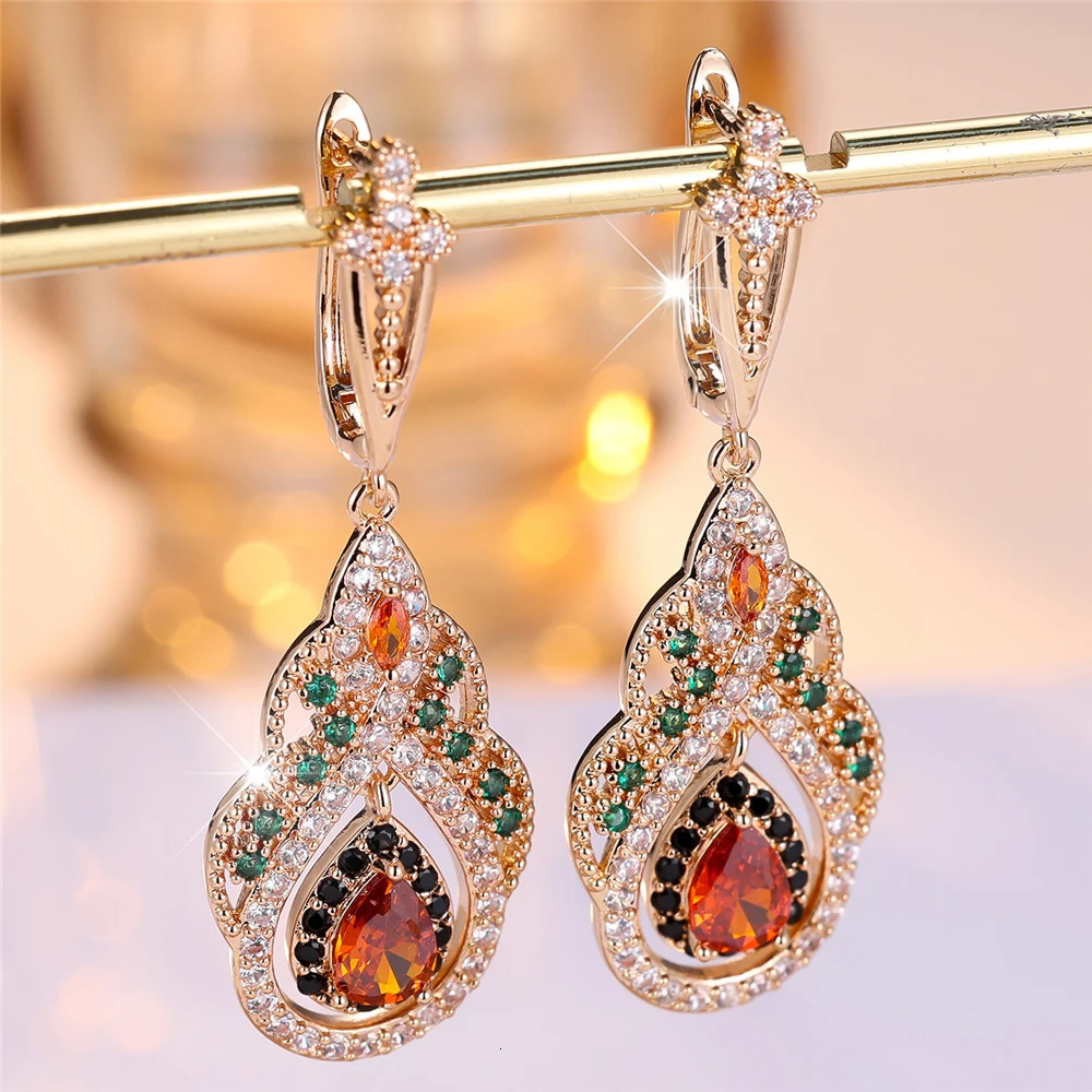 Trendy Crystal Red Zircon Drop Water Hoop Earrings For Women Vintage Gold Color Wedding Jewelry 250314