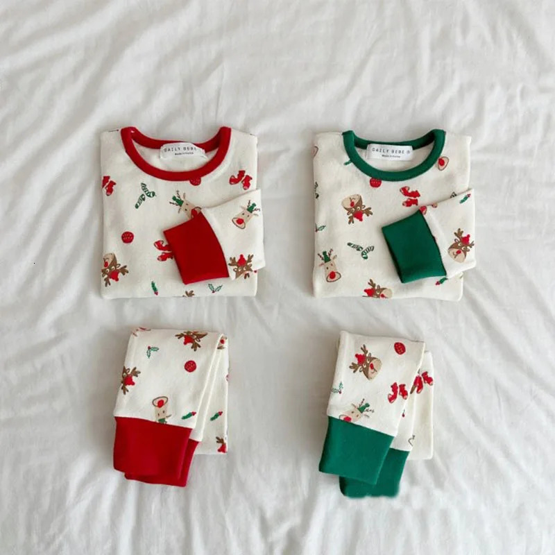 Spring Baby Clothing Christmas Pajamas Baby Deer Printed Bottom Shirt Pants 2PCS Set Preschool Year Pajamas Set 250314