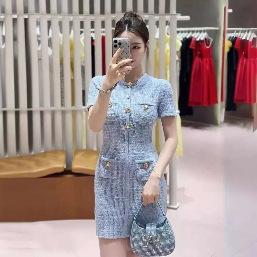 2024 Autumn Women Fall Light Blue Button Slim Fit Knit Office Ladies Elegant Mini Dress