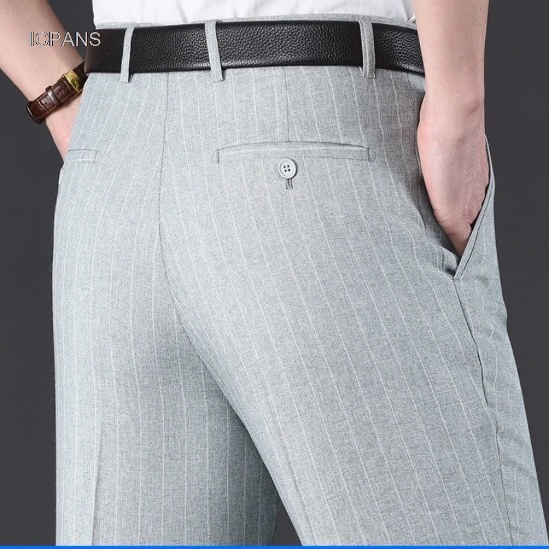 Flat Stretch Suit Pants For Men Striped Thin Summer Straight High Waist Black White Blue Formal Fashion Korea Dress Trousers 250313