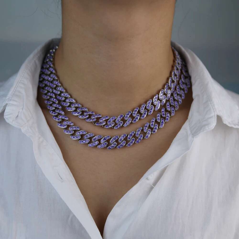 12mm Miami cuban k chain choker micro pave purple blue cz hip hop women necklace 16" 18"
