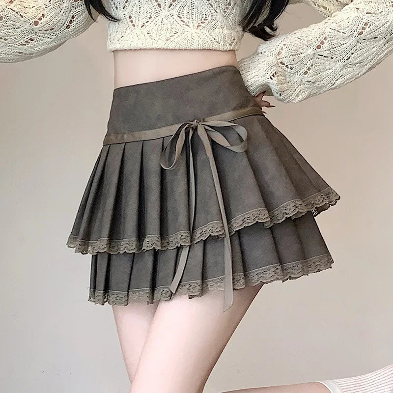 Bow mini dress 2024 womens high waist weight loss Aline leather texture autumn and winter seasonal clothing 250312