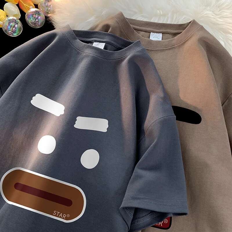 2025 new retro fun micro expression printed designer fashionable oversized T-shirt men's high street cartoon couple short sleeved round neck top5