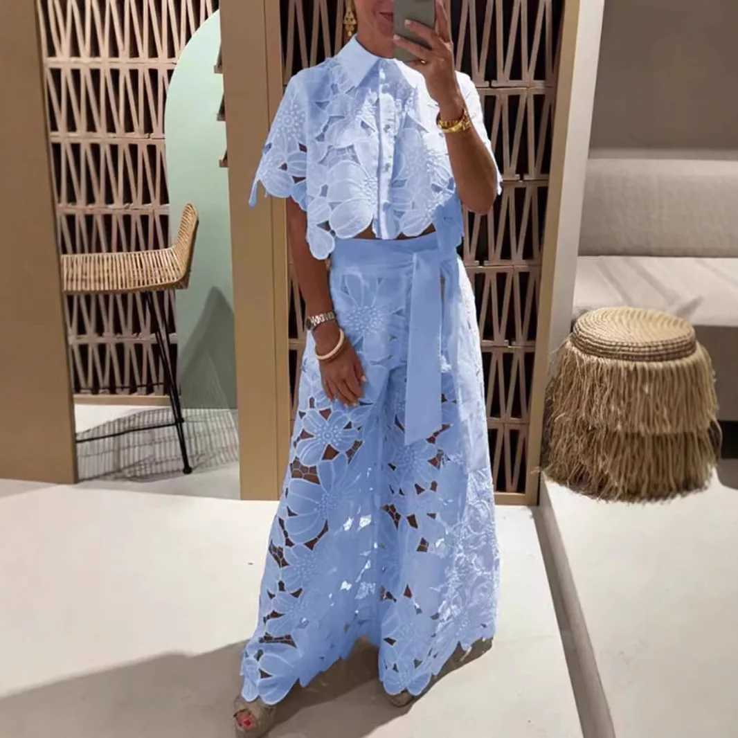 Women's Two Piece Pants Sexy lace hollow 2-piece fashionable new shirt top+wide leg pants womens set fashionable solid color elegant casual set w