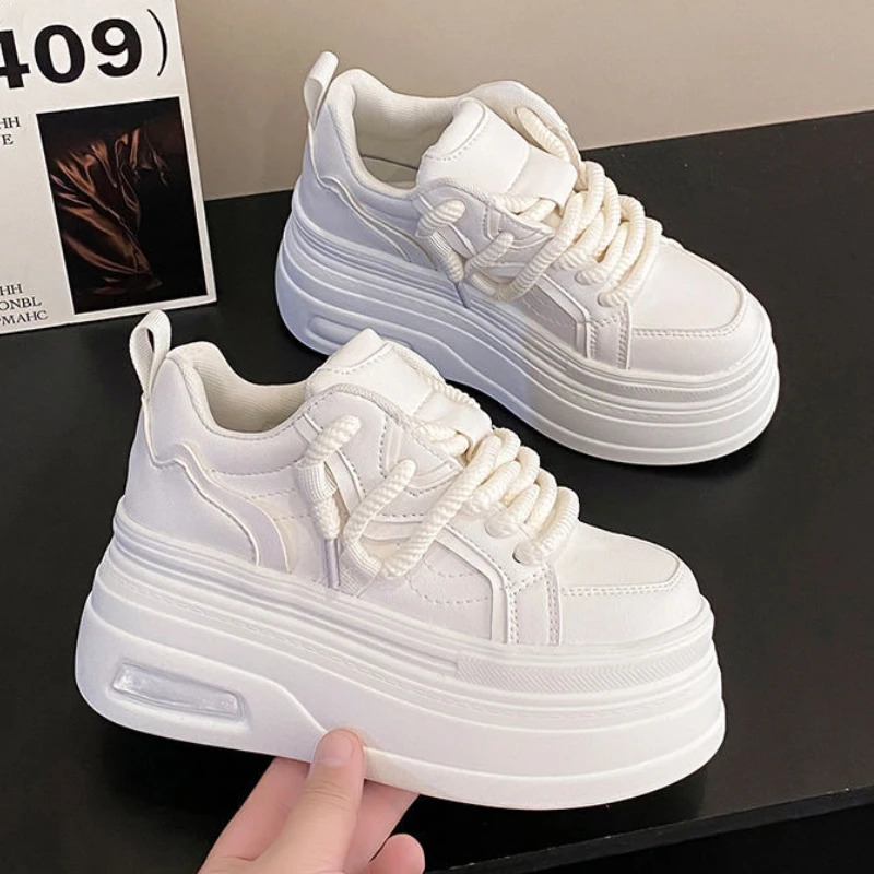 Fashion Platform Sneakers Women Spring Autumn Comfort Round Toe Lace-up 8CM Thick Bottom Black White Casual Sport Shoes 250310