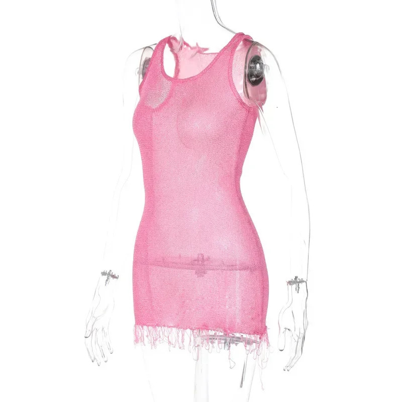 Summer Tassels Knit Y2K Streetwear Bodycon Beach Mini Dress Sundress Women Sleeveless Party Club Short Dresses Outfits Gift 250314