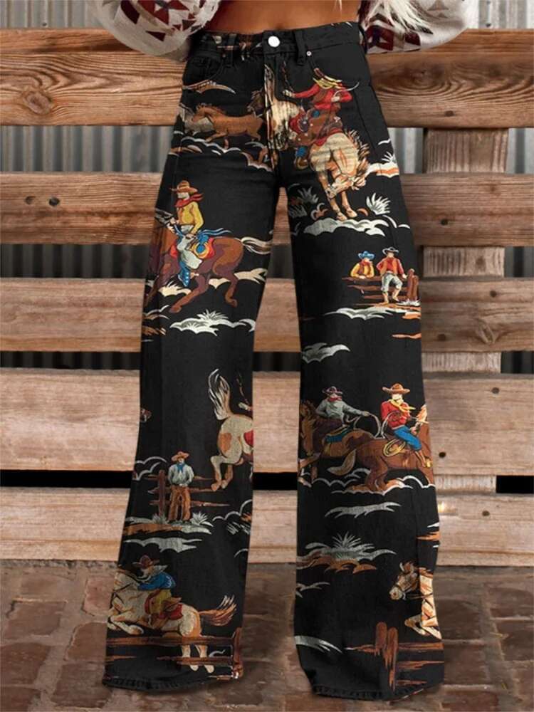 2025 new women's long length designer fashionable digital printed imitation denim thin fabric color blocked wide leg pants4