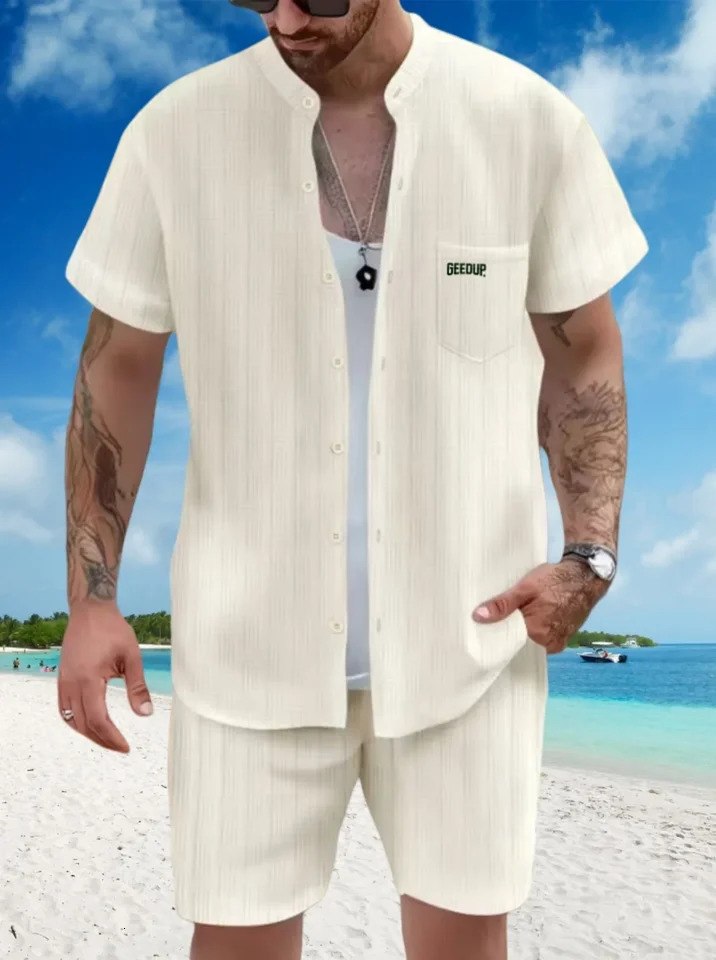 Mens casual beach short sleeved set summer fashion stand collar pocket loose shirt two-piece set 250314