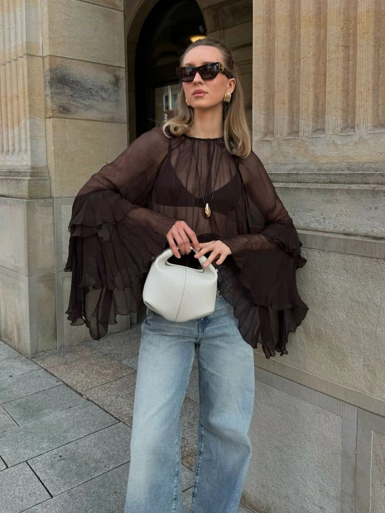 See through the folds at the hem of the laminated womens mesh shirt round neck plaid long sleeved loose shirt summer spring womens fashion top 250314