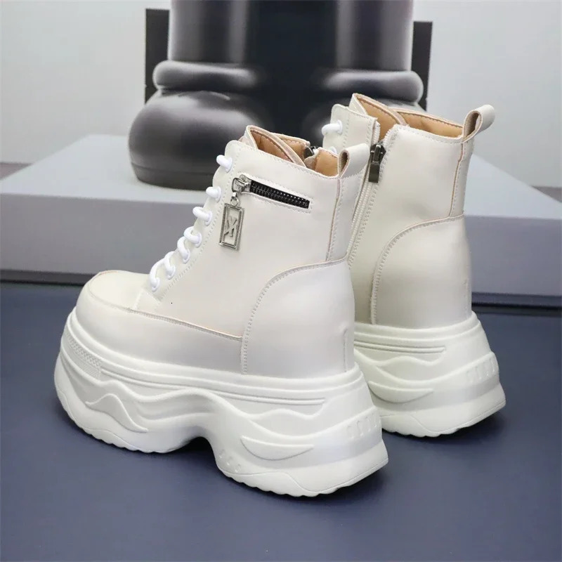 10cm 12cm Ankle Boots Platform Women Microfiber Leather Short Boots Round Toe Height Increasing Thick Sole Ladies Shoes Handmade 250310