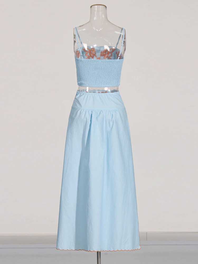 Two Piece Dress TWOTWINSTYLE Solid Two Piece Set For Women Square Collar Slvel Short Top High Waist Spliced Zipper Skirt Chic Sets Female Y250315ZEUY