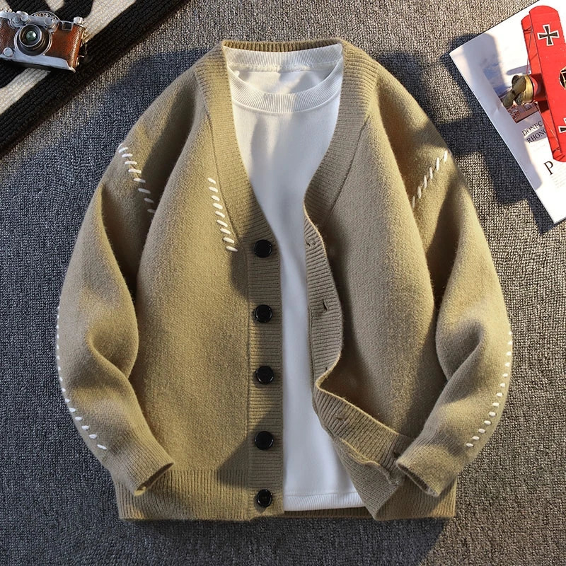Vneck Knit Sweater Coat Men Loose Retro Slouchy Jackets Thick Autumn Winter Hipster Couple Cardigan Long Sleeve 250311