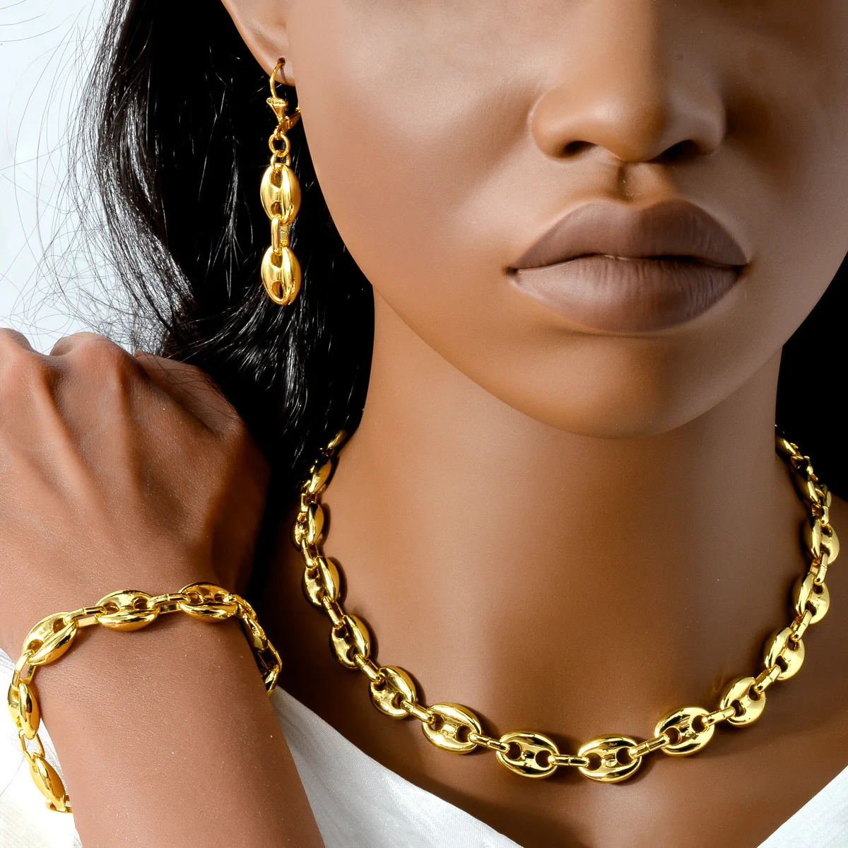 18K Gold Plated Copper Coffee Bean Link Chain Necklace Earring Bracelet 3Pcs/Set Jewelry Punk Hip Hop Street Style 2024 250306